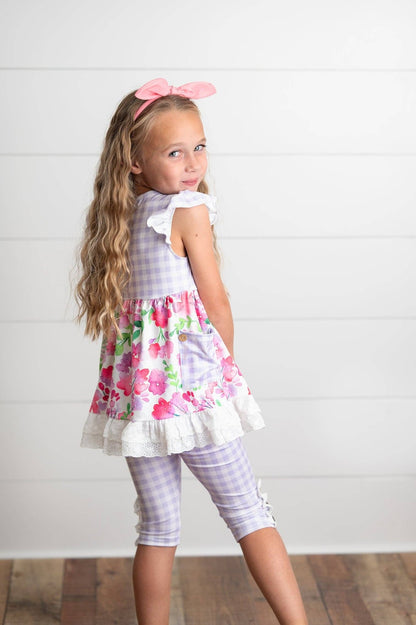 Kids Lavender Gingham & Floral Capri Ruffle Spring Set - Tiny Tots Boutique