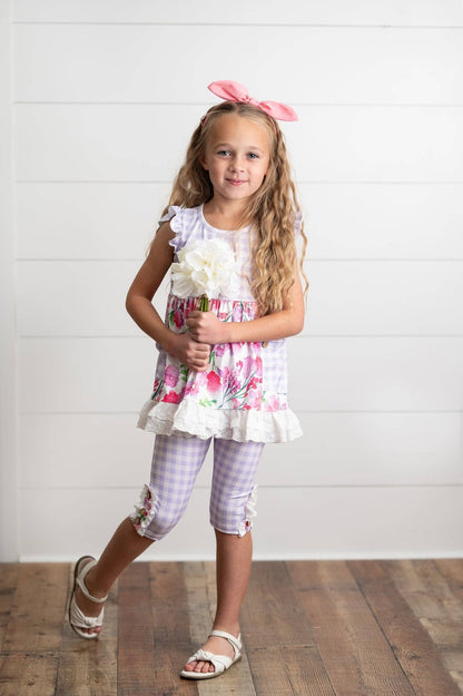 Kids Lavender Gingham & Floral Capri Ruffle Spring Set - Tiny Tots Boutique
