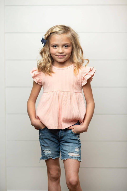 Kids Light Pink Double Ruffle Flutter Sleeve Summer Shirt - Tiny Tots Boutique