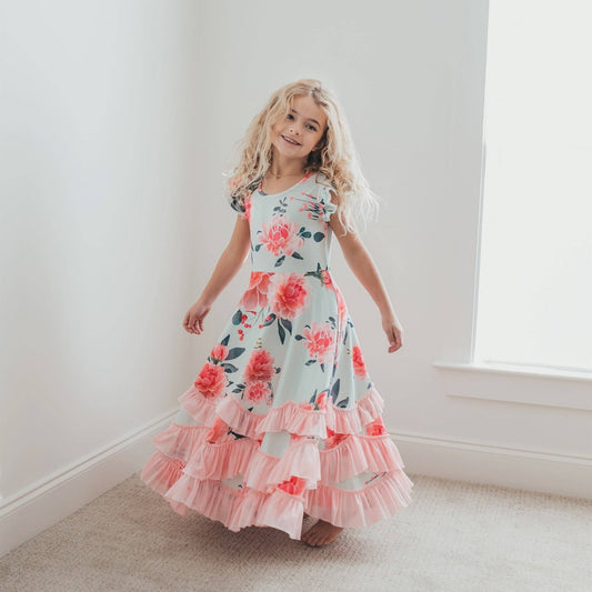 Kids Mint & Pink Floral Flutter Sleeve Ruffles Spring Dress - Tiny Tots Boutique