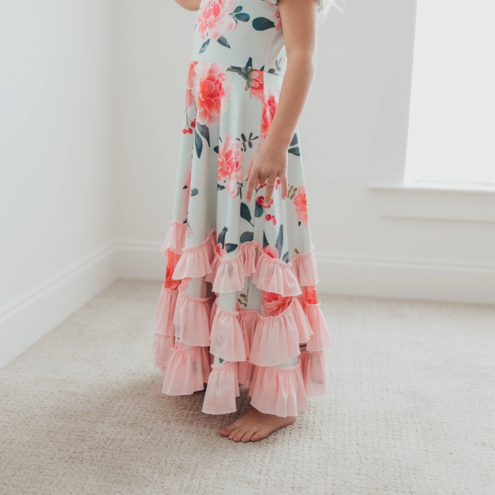 Kids Mint & Pink Floral Flutter Sleeve Ruffles Spring Dress - Tiny Tots Boutique