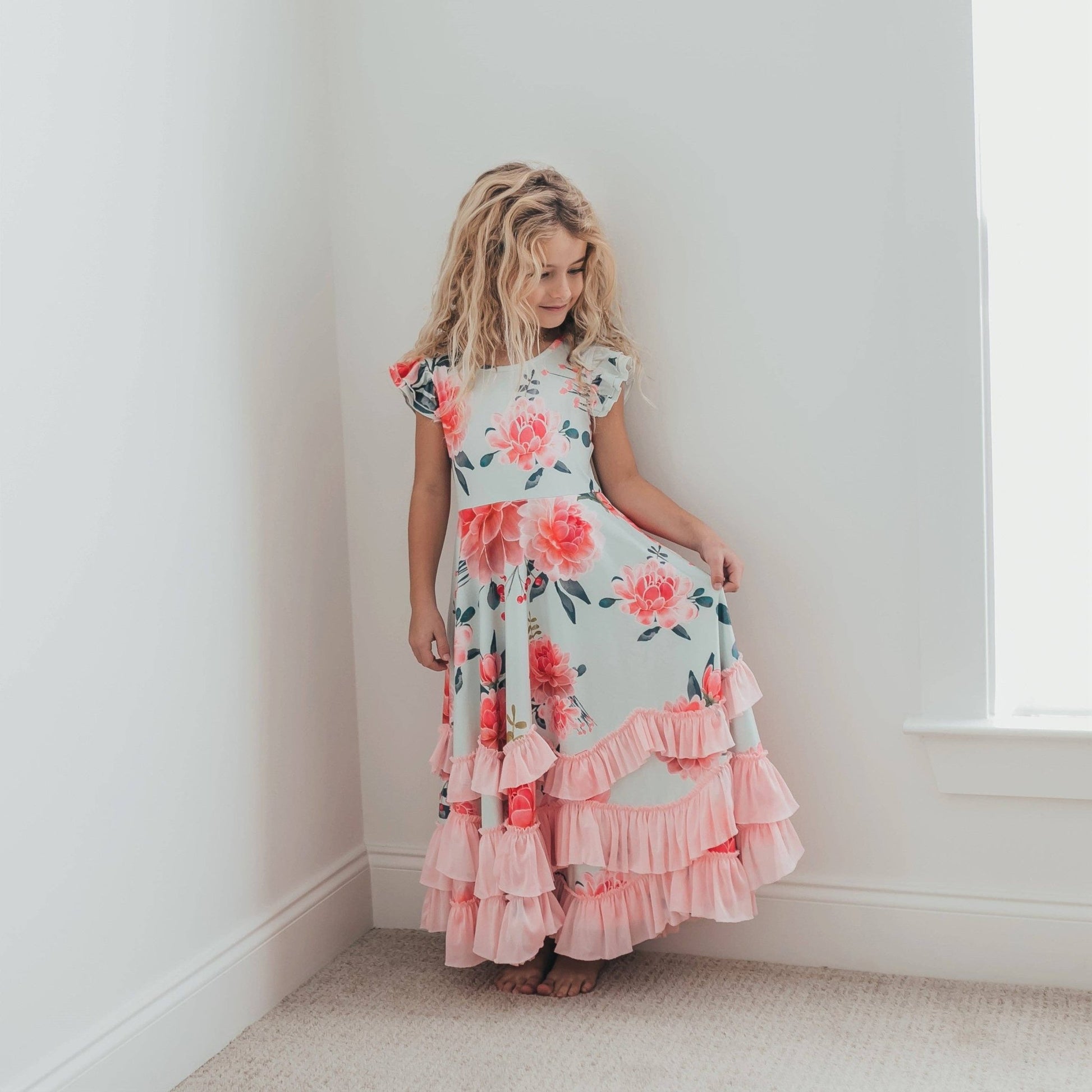 Kids Mint & Pink Floral Flutter Sleeve Ruffles Spring Dress - Tiny Tots Boutique