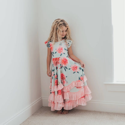 Kids Mint & Pink Floral Flutter Sleeve Ruffles Spring Dress - Tiny Tots Boutique