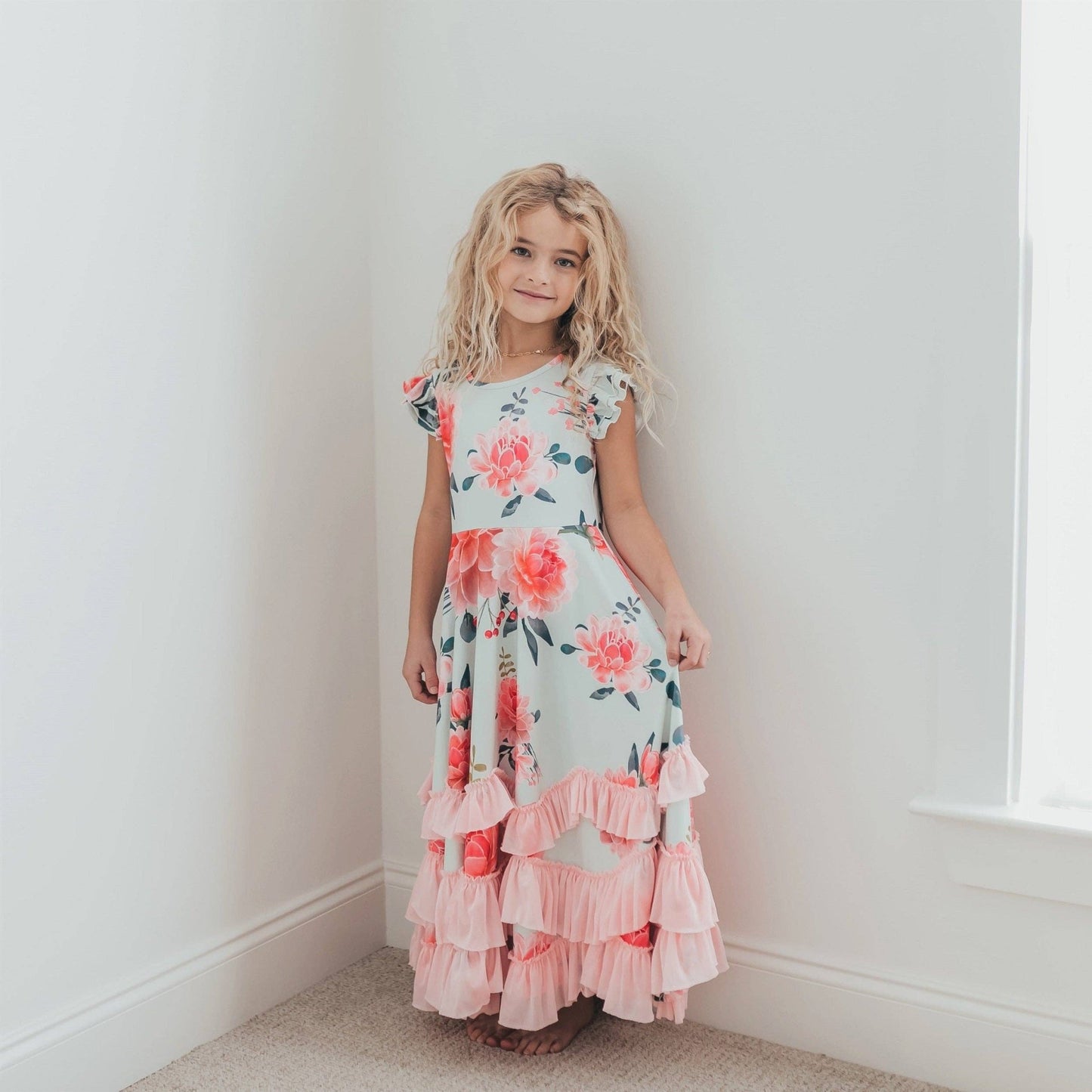 Kids Mint & Pink Floral Flutter Sleeve Ruffles Spring Dress - Tiny Tots Boutique