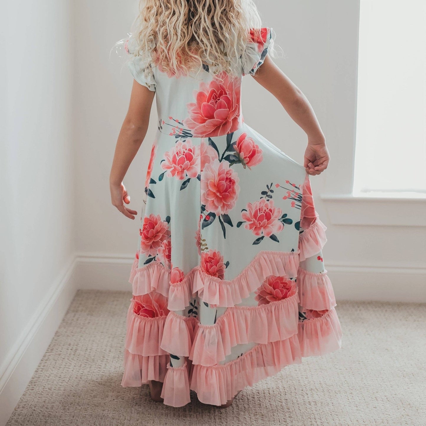 Kids Mint & Pink Floral Flutter Sleeve Ruffles Spring Dress - Tiny Tots Boutique