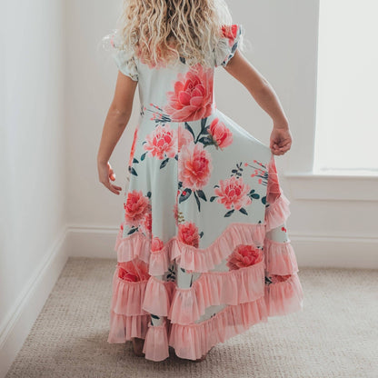 Kids Mint & Pink Floral Flutter Sleeve Ruffles Spring Dress - Tiny Tots Boutique