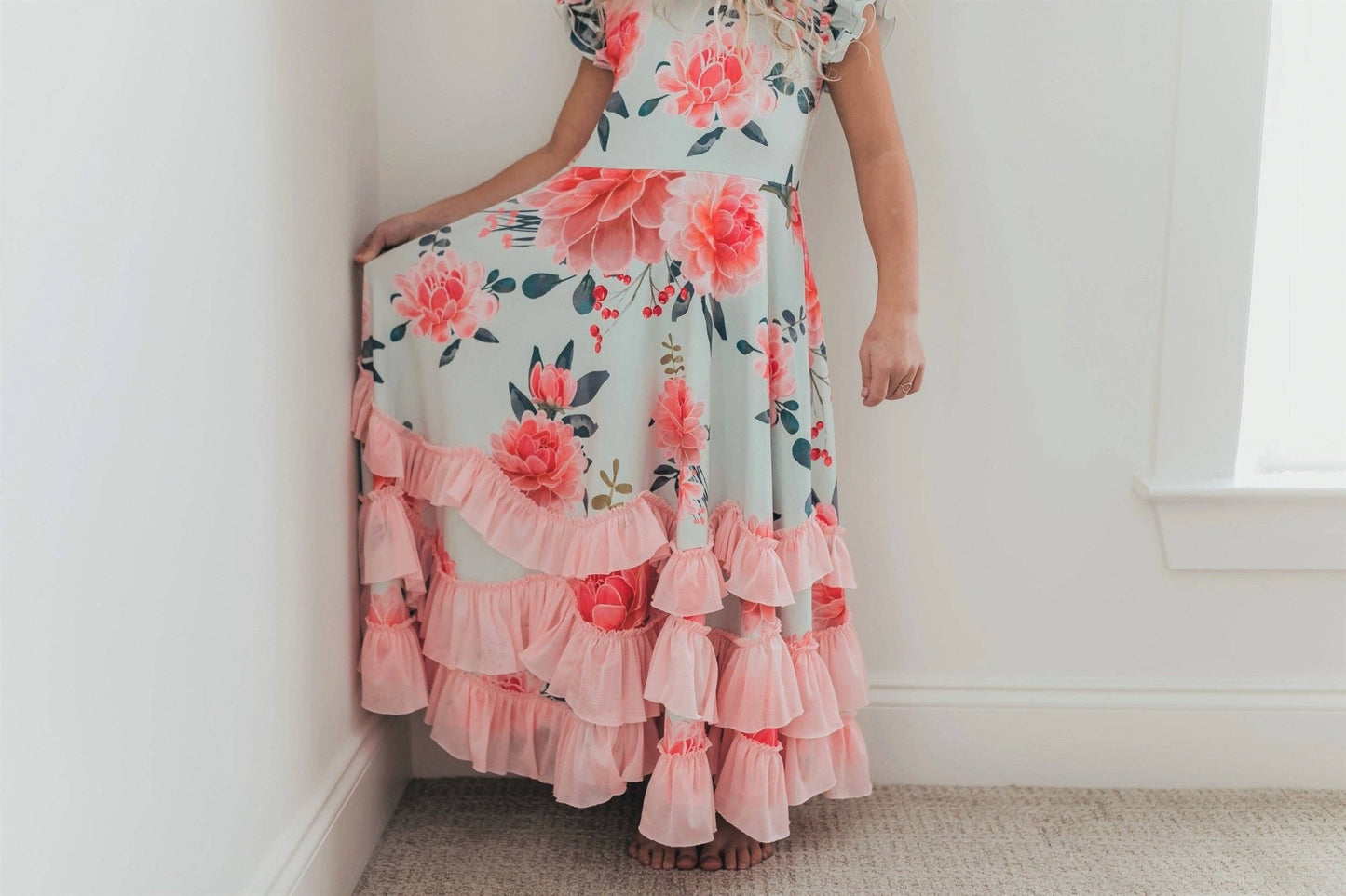 Kids Mint & Pink Floral Flutter Sleeve Ruffles Spring Dress - Tiny Tots Boutique
