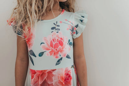 Kids Mint & Pink Floral Flutter Sleeve Ruffles Spring Dress - Tiny Tots Boutique