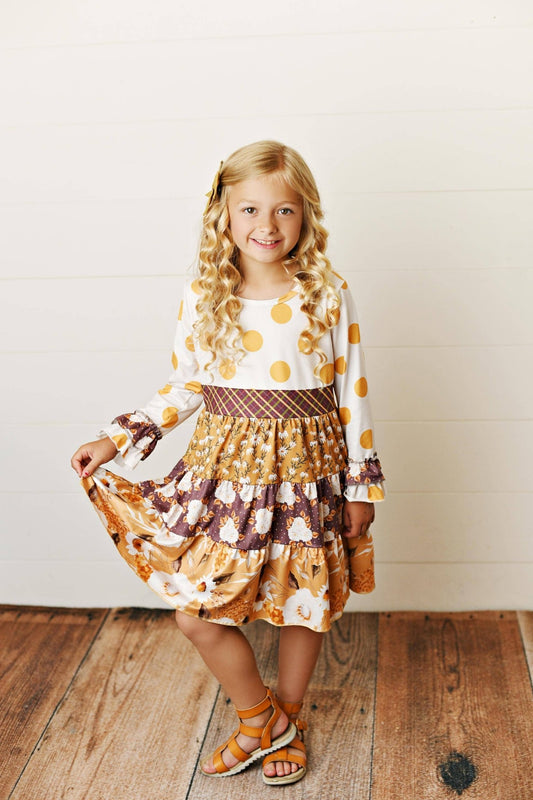 Kids Mustard Polka Dot Multi Print Long Sleeve Tiered Dress - Tiny Tots Boutique