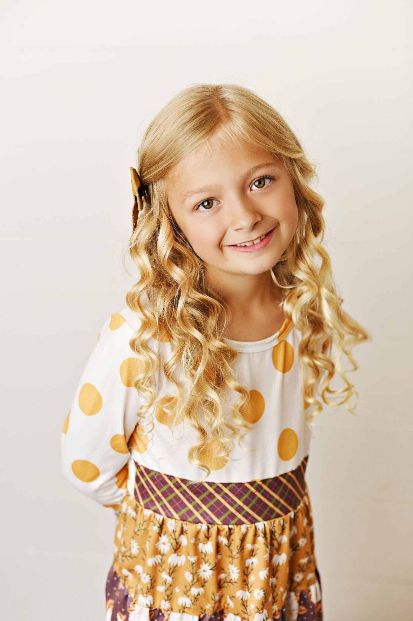 Kids Mustard Polka Dot Multi Print Long Sleeve Tiered Dress - Tiny Tots Boutique