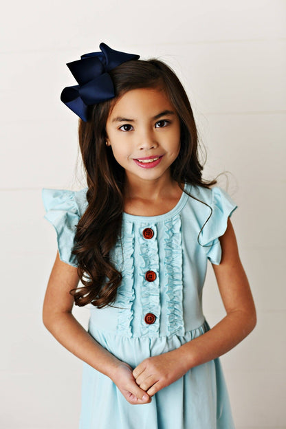 Kids Pastel Blue Ruffle Button Spring Summer Dress - Tiny Tots Boutique