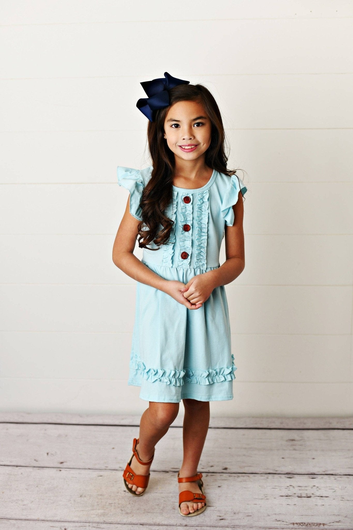 Kids Pastel Blue Ruffle Button Spring Summer Dress - Tiny Tots Boutique
