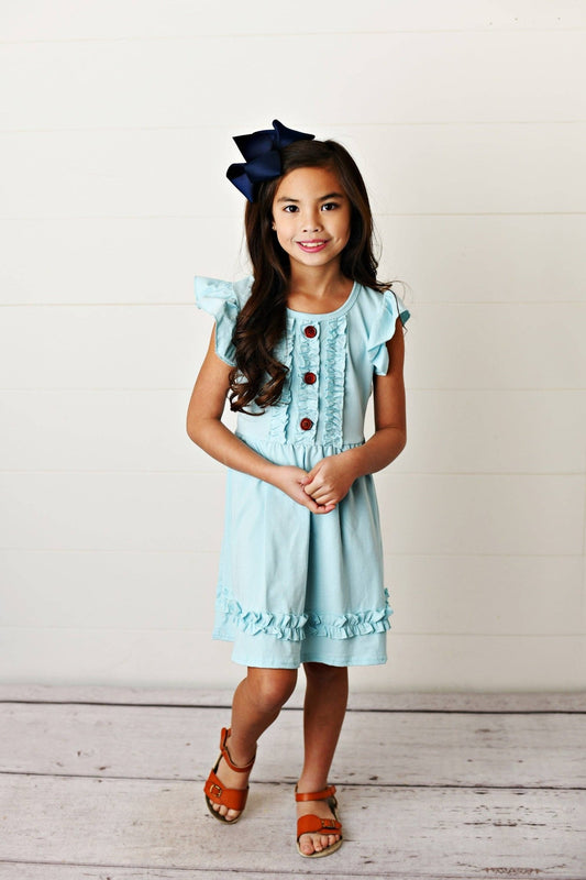 Kids Pastel Blue Ruffle Button Spring Summer Dress - Tiny Tots Boutique