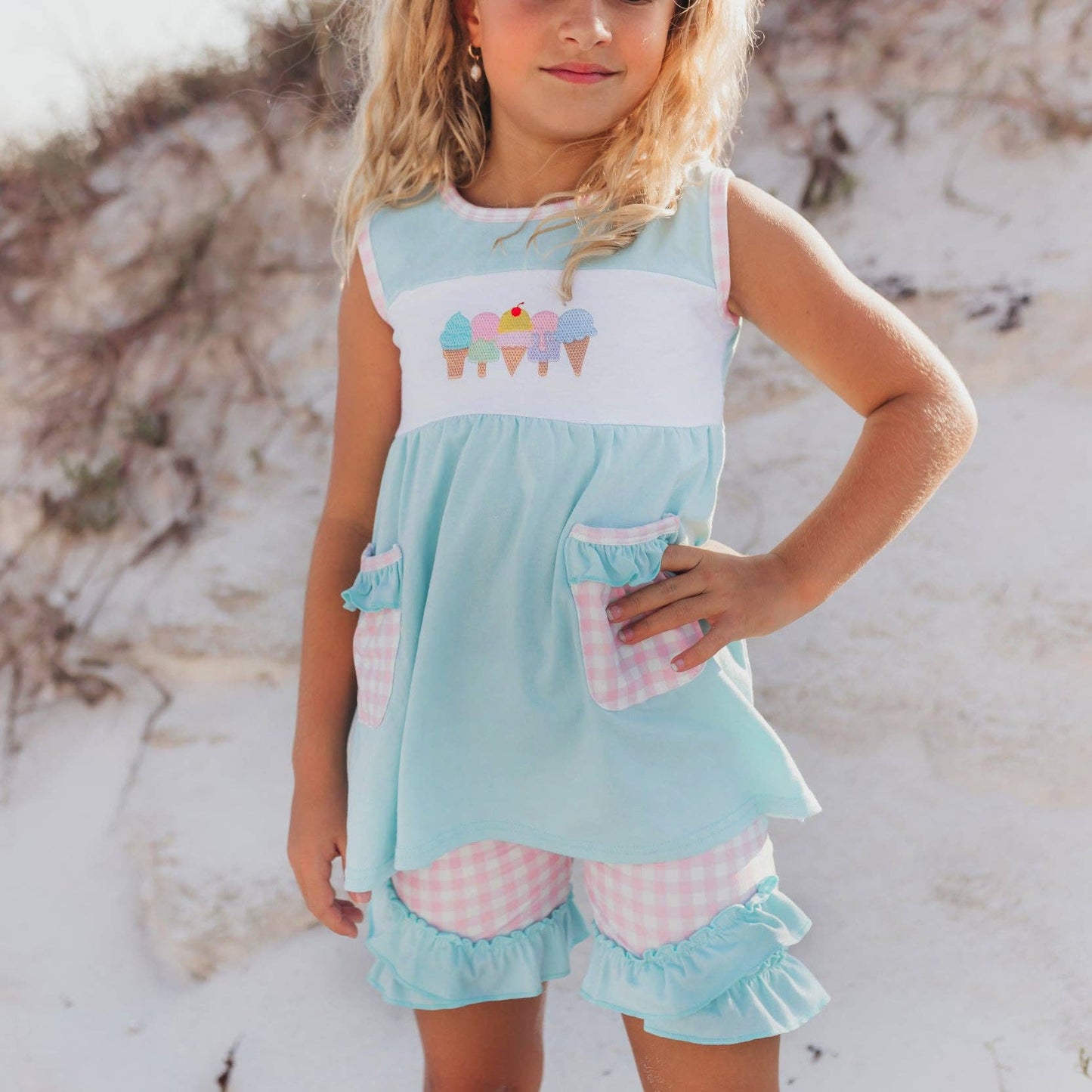 Kids Pastel Ice Cream Gingham Ruffle Spring Summer Short Set - Tiny Tots Boutique