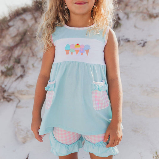 Kids Pastel Ice Cream Gingham Ruffle Spring Summer Short Set - Tiny Tots Boutique