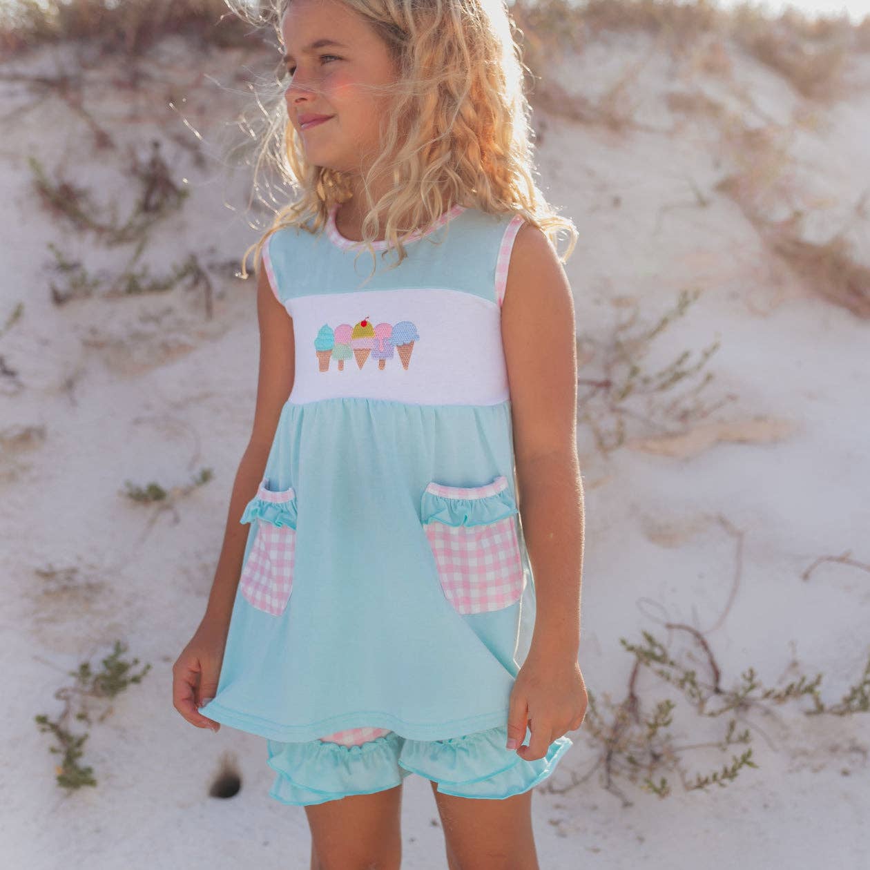 Kids Pastel Ice Cream Gingham Ruffle Spring Summer Short Set - Tiny Tots Boutique