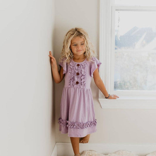 Kids Pastel Lavender Ruffle Button Spring Easter Dress - Tiny Tots Boutique