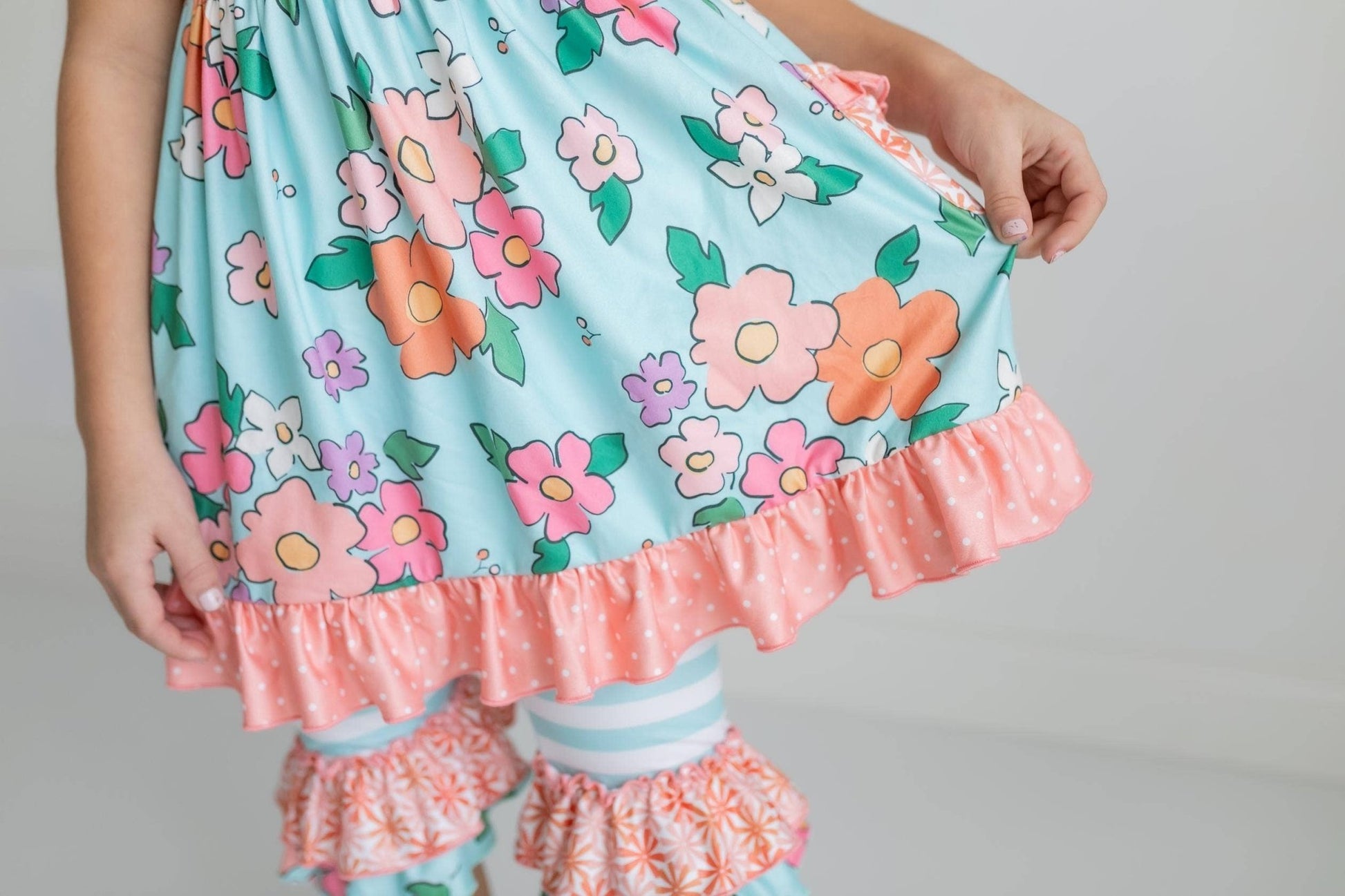 Kids Peach & Teal Floral Stripe Ruffle Lace Pocket Capri Set - Tiny Tots Boutique