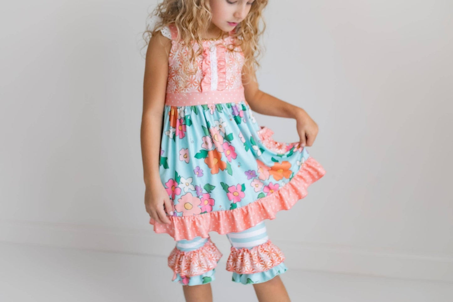 Kids Peach & Teal Floral Stripe Ruffle Lace Pocket Capri Set - Tiny Tots Boutique