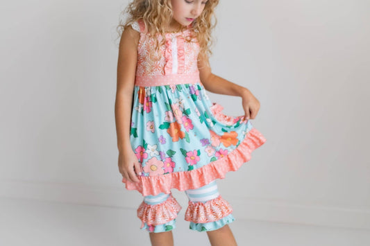 Kids Peach & Teal Floral Stripe Ruffle Lace Pocket Capri Set - Tiny Tots Boutique