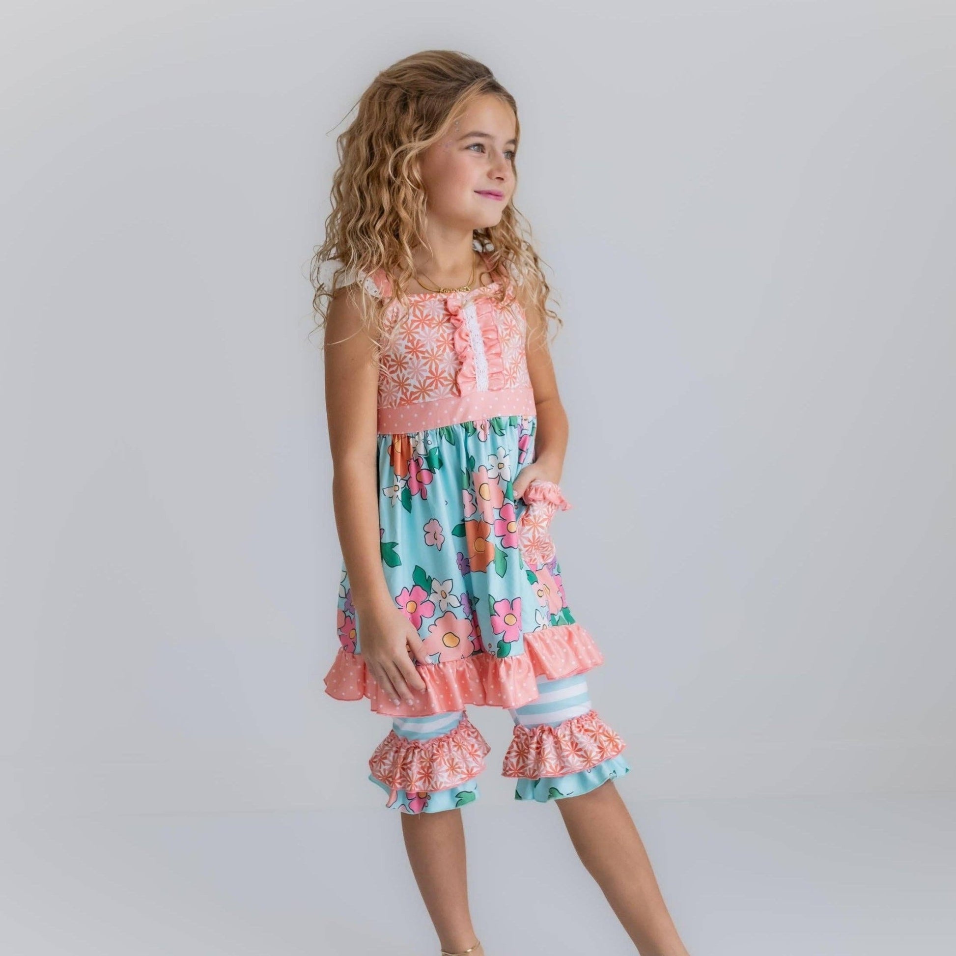 Kids Peach & Teal Floral Stripe Ruffle Lace Pocket Capri Set - Tiny Tots Boutique