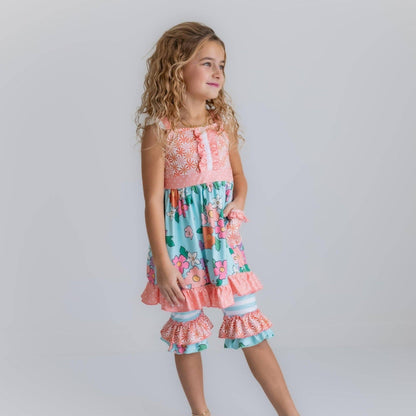 Kids Peach & Teal Floral Stripe Ruffle Lace Pocket Capri Set - Tiny Tots Boutique
