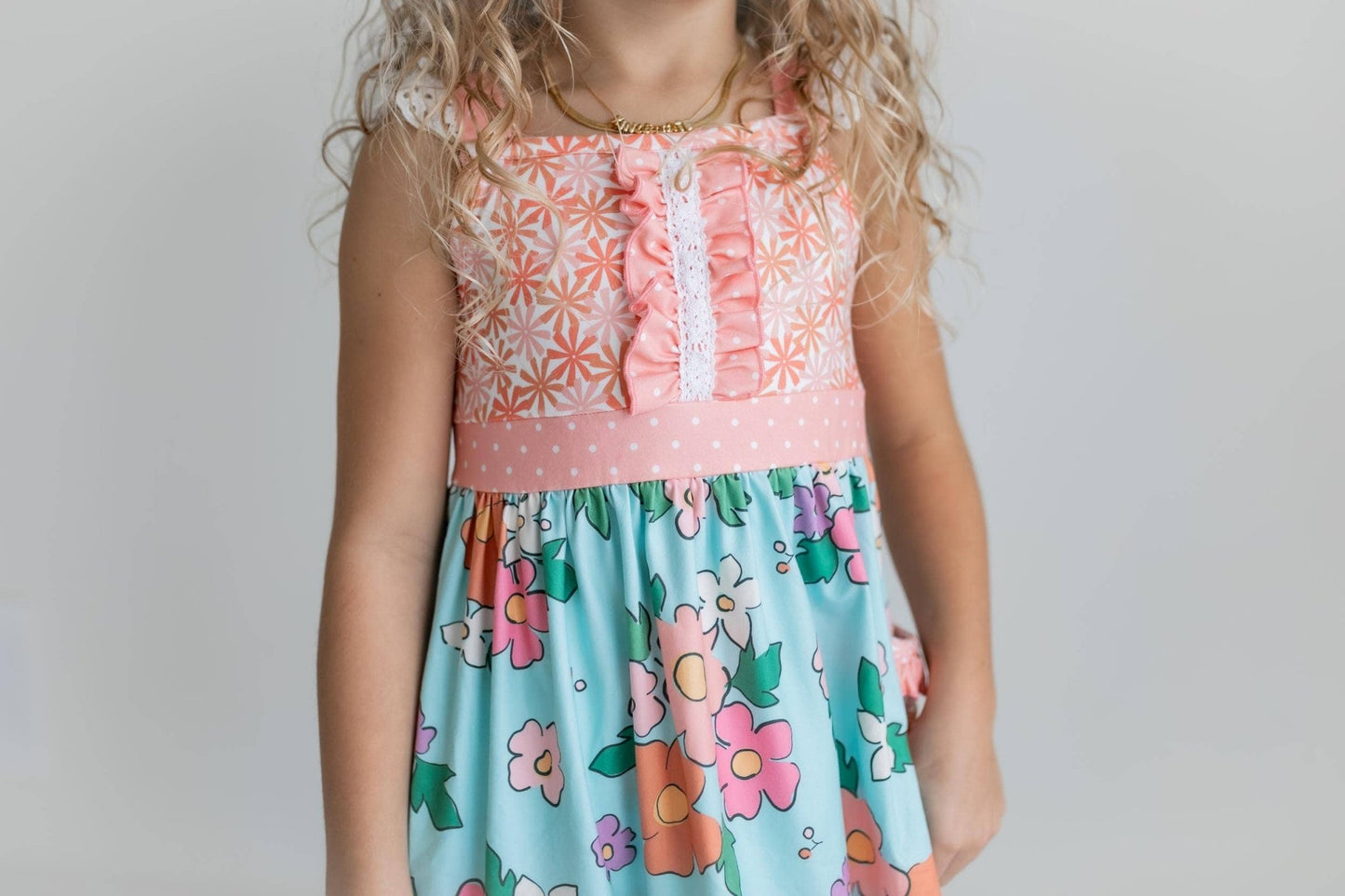 Kids Peach & Teal Floral Stripe Ruffle Lace Pocket Capri Set - Tiny Tots Boutique