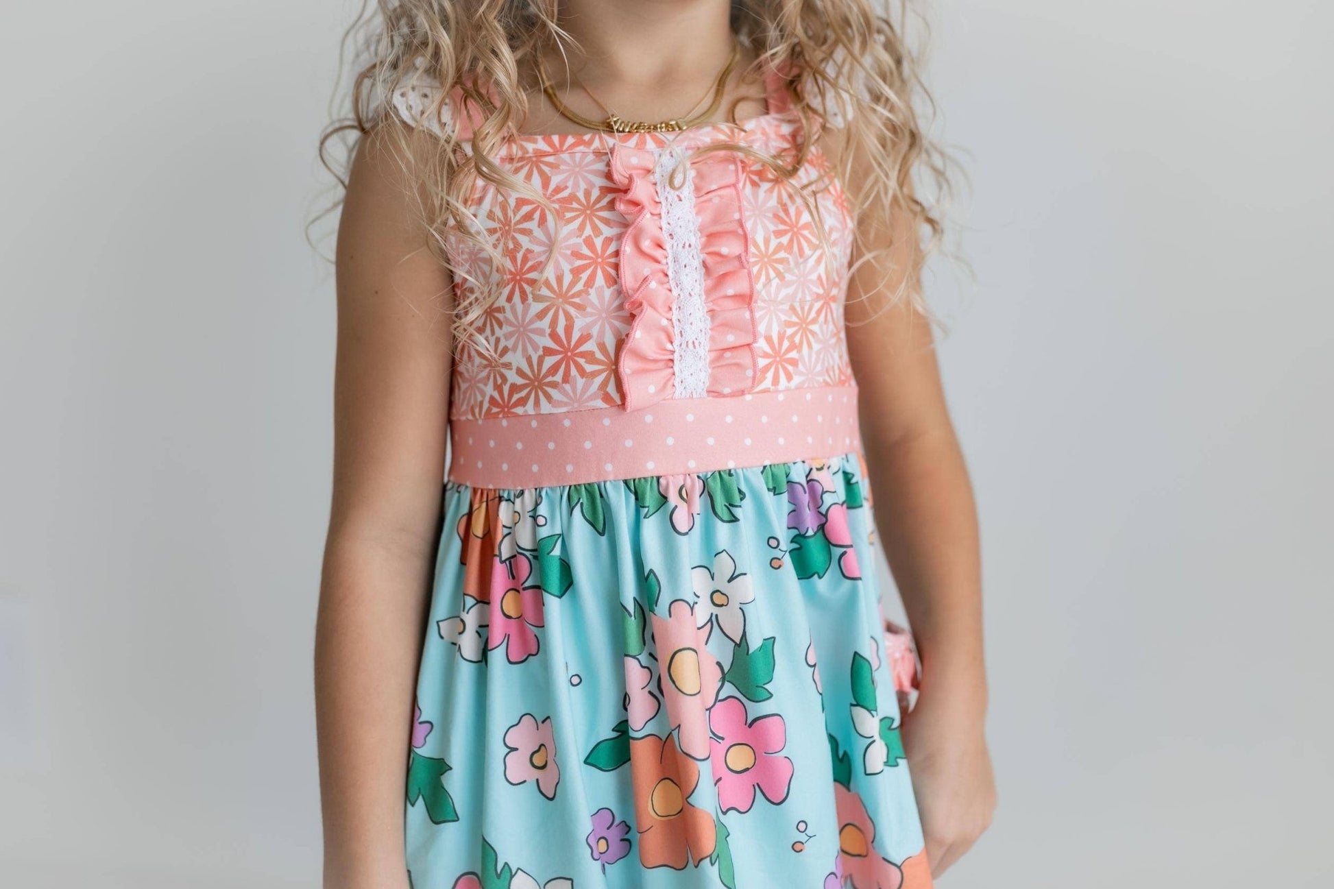 Kids Peach & Teal Floral Stripe Ruffle Lace Pocket Capri Set - Tiny Tots Boutique