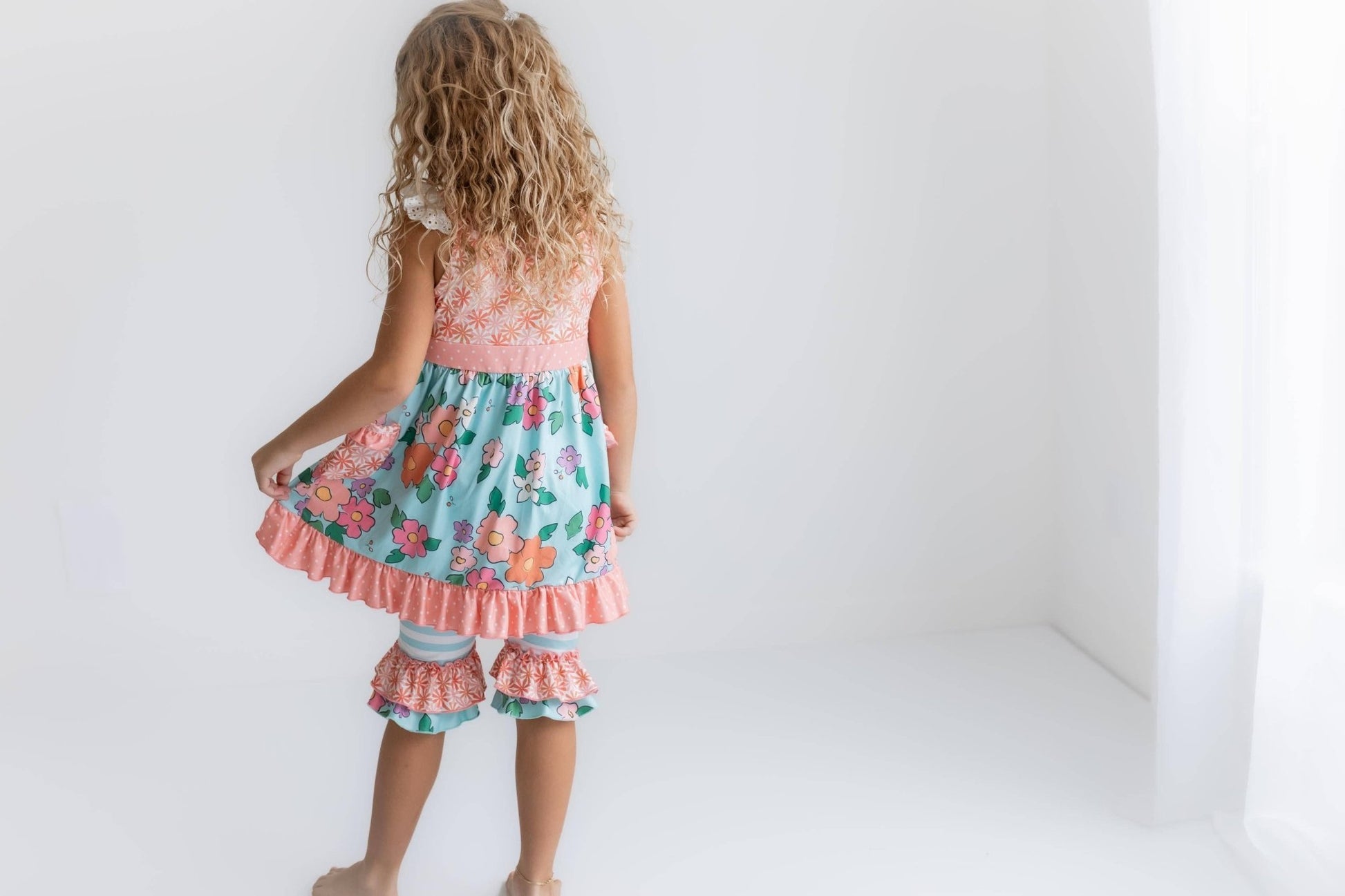 Kids Peach & Teal Floral Stripe Ruffle Lace Pocket Capri Set - Tiny Tots Boutique
