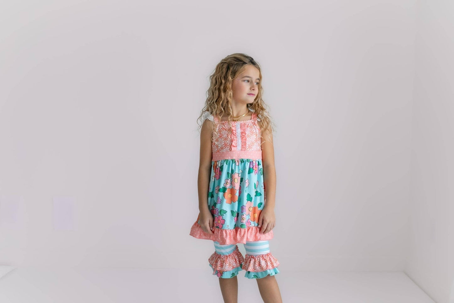 Kids Peach & Teal Floral Stripe Ruffle Lace Pocket Capri Set - Tiny Tots Boutique
