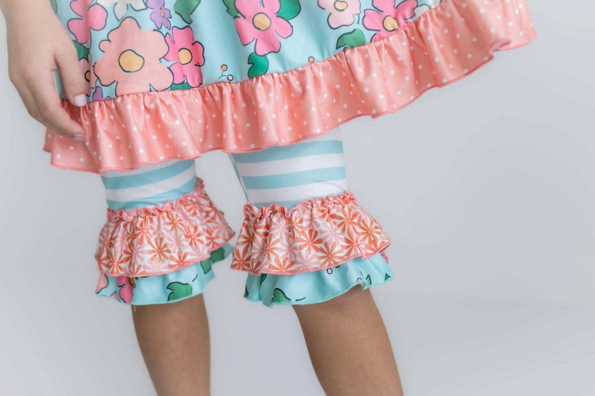 Kids Peach & Teal Floral Stripe Ruffle Lace Pocket Capri Set - Tiny Tots Boutique
