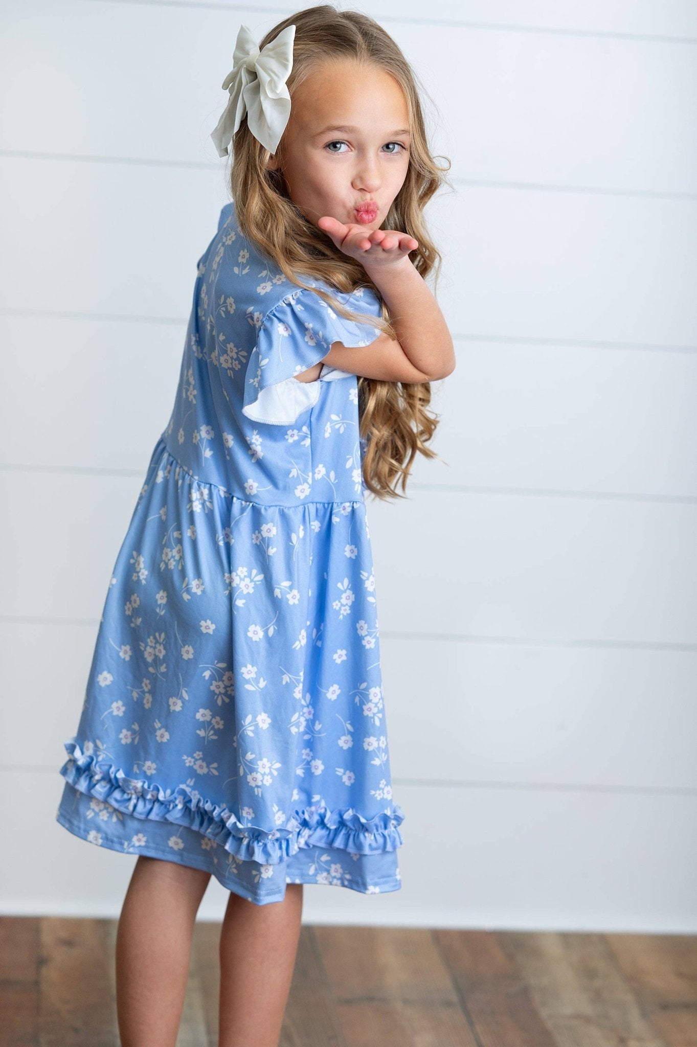 Kids Periwinkle Dainty Flower Button Ruffle Spring Dress - Tiny Tots Boutique