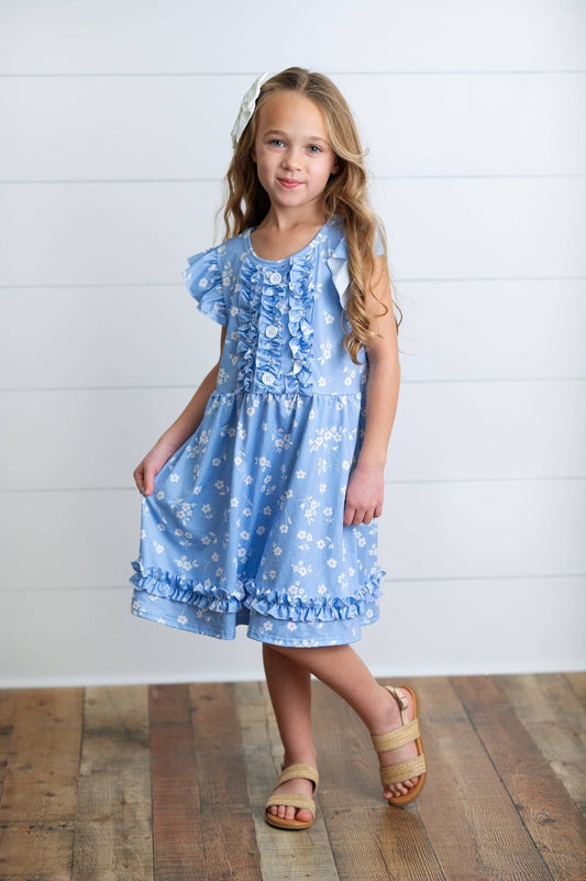 Kids Periwinkle Dainty Flower Button Ruffle Spring Dress - Tiny Tots Boutique
