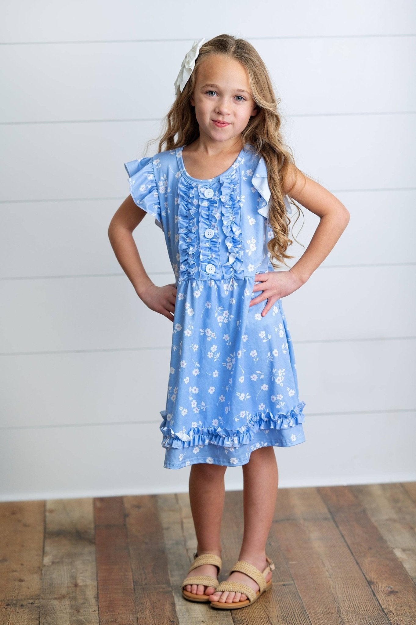 Kids Periwinkle Dainty Flower Button Ruffle Spring Dress - Tiny Tots Boutique