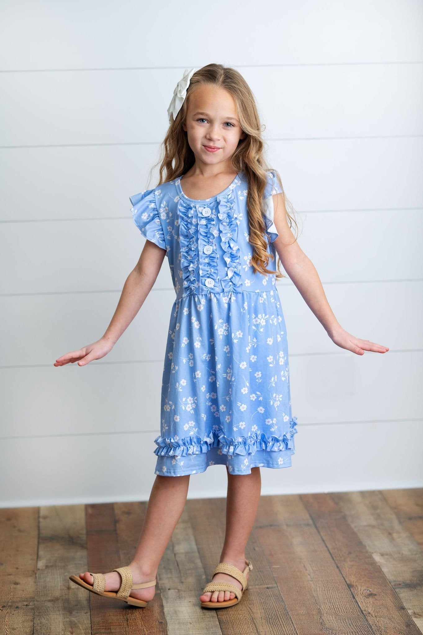 Kids Periwinkle Dainty Flower Button Ruffle Spring Dress - Tiny Tots Boutique