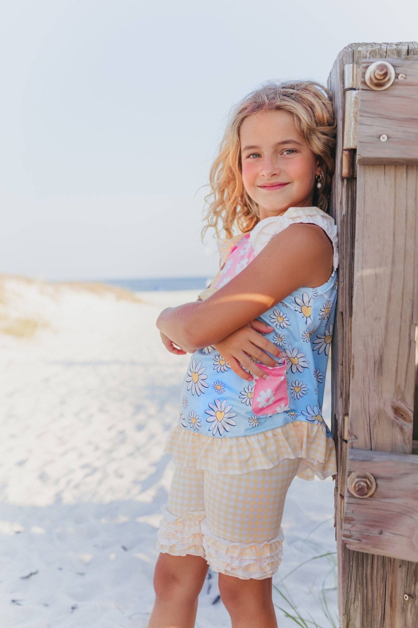 Kids Pink Blue Daisy Mix Ruffle Pocket Spring Short Set - Tiny Tots Boutique