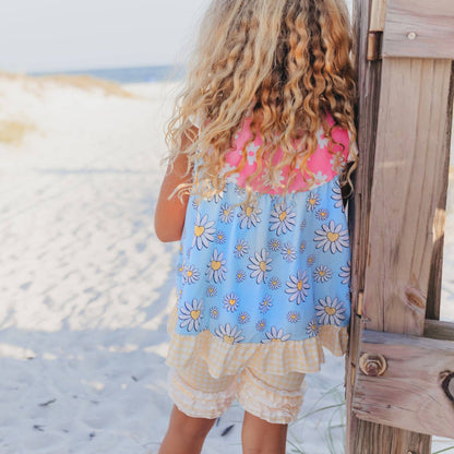 Kids Pink Blue Daisy Mix Ruffle Pocket Spring Short Set - Tiny Tots Boutique