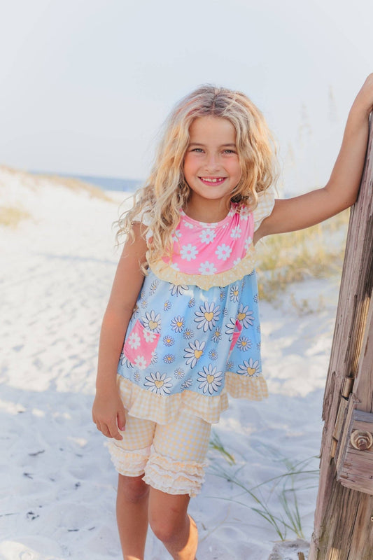 Kids Pink Blue Daisy Mix Ruffle Pocket Spring Short Set - Tiny Tots Boutique
