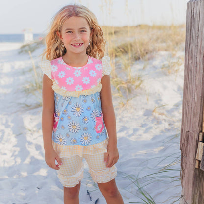 Kids Pink Blue Daisy Mix Ruffle Pocket Spring Short Set - Tiny Tots Boutique