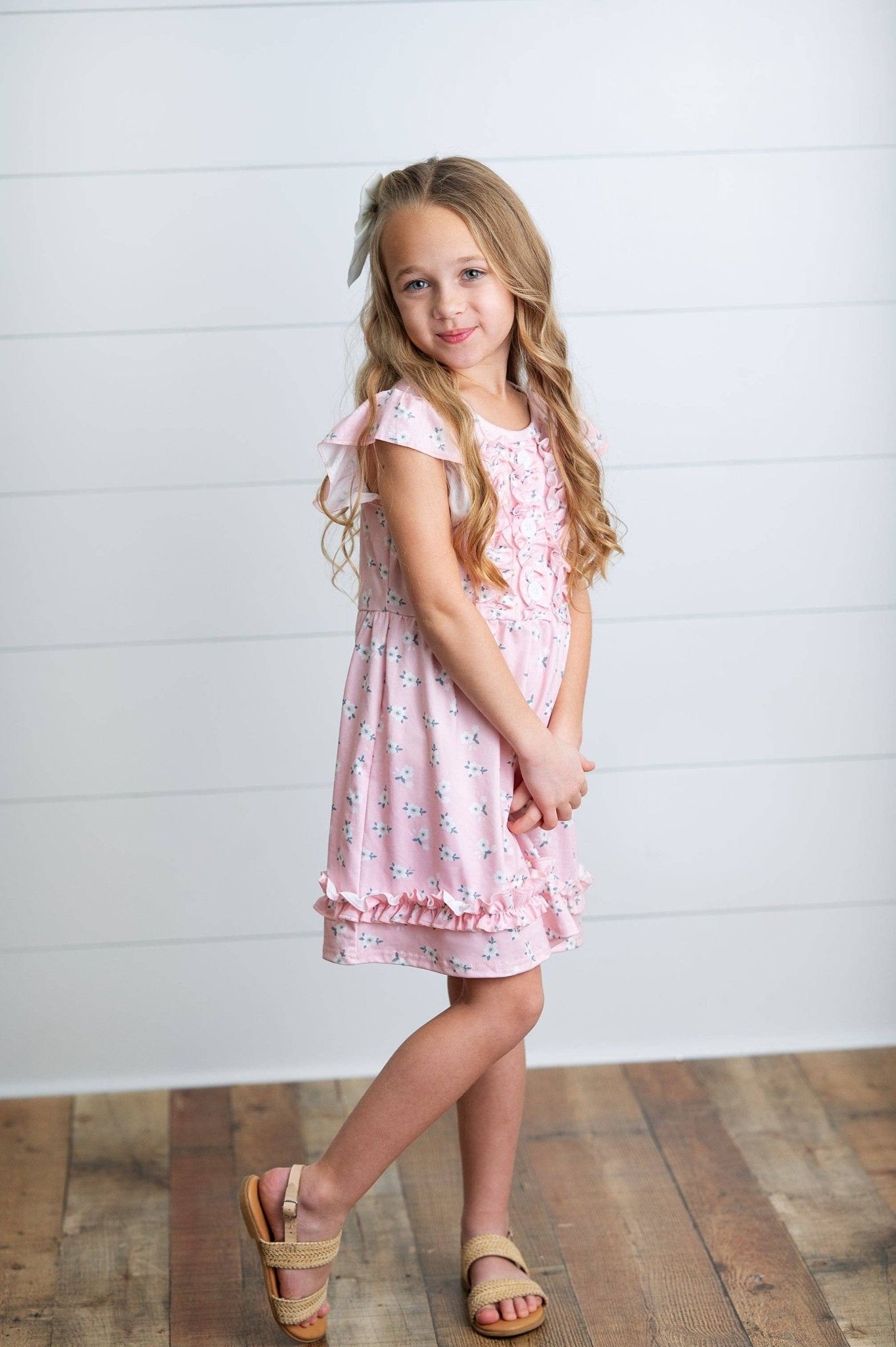 Kids Pink Blush Dainty Flower Button Ruffle Spring Dress - Tiny Tots Boutique