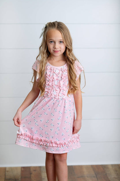 Kids Pink Blush Dainty Flower Button Ruffle Spring Dress - Tiny Tots Boutique
