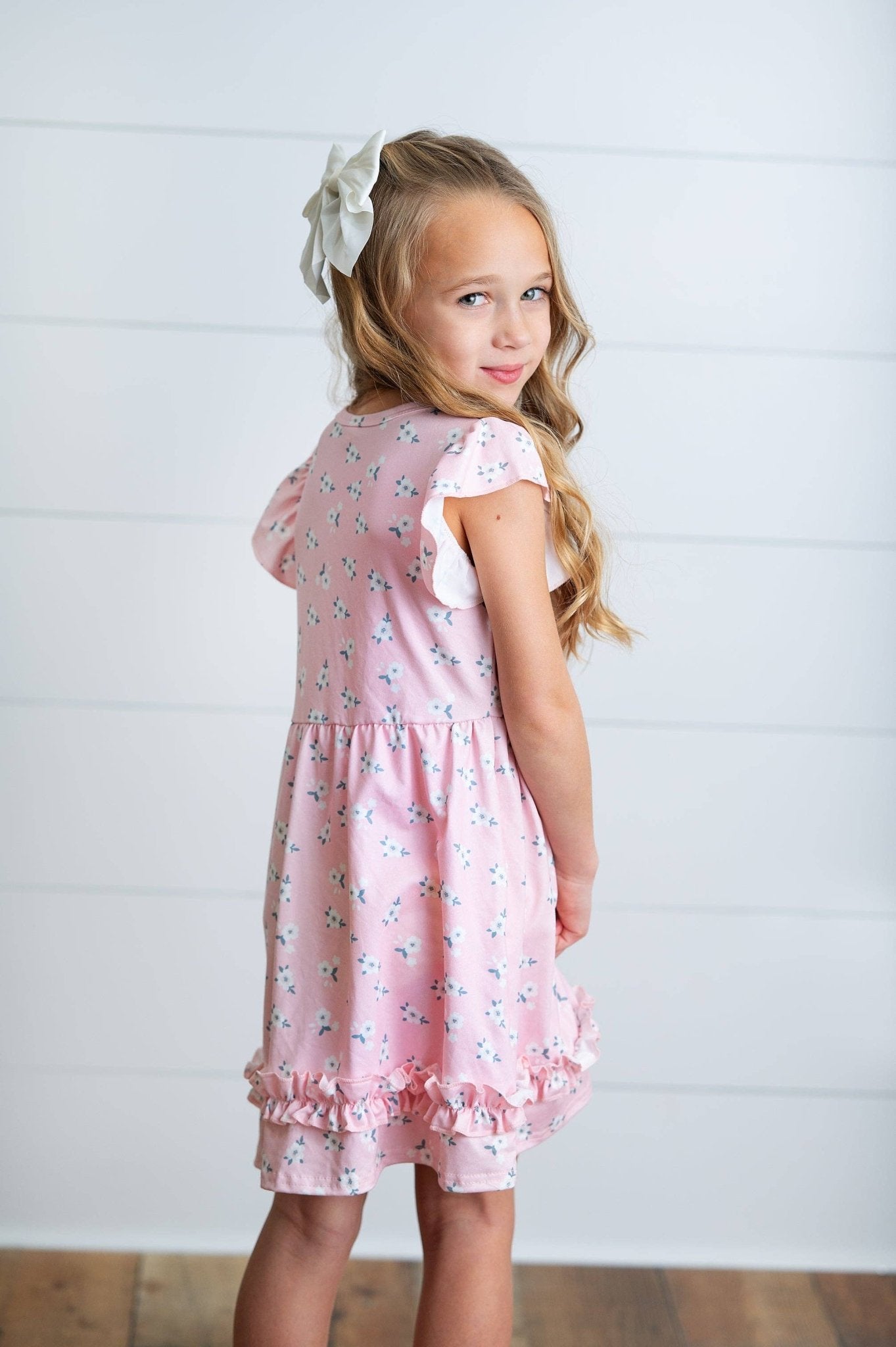 Kids Pink Blush Dainty Flower Button Ruffle Spring Dress - Tiny Tots Boutique