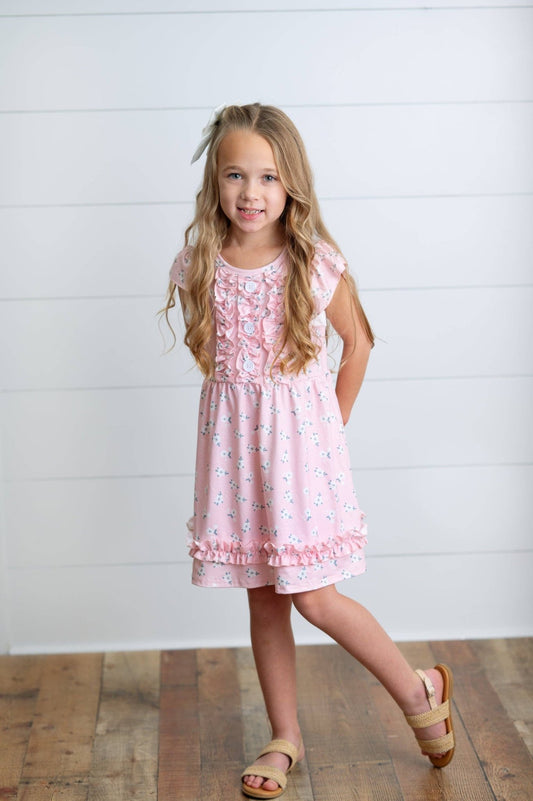 Kids Pink Blush Dainty Flower Button Ruffle Spring Dress - Tiny Tots Boutique