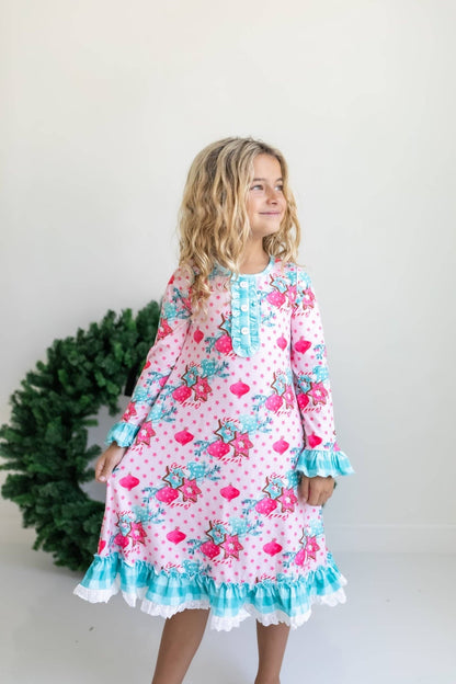 Kids Pink Christmas Holiday Cookie Ruffle Lounge Play Gown - Tiny Tots Boutique