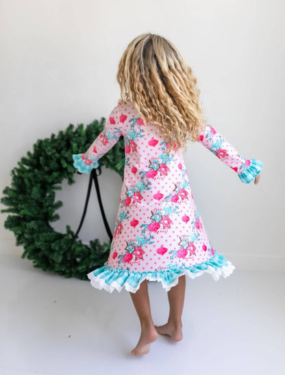 Kids Pink Christmas Holiday Cookie Ruffle Lounge Play Gown - Tiny Tots Boutique