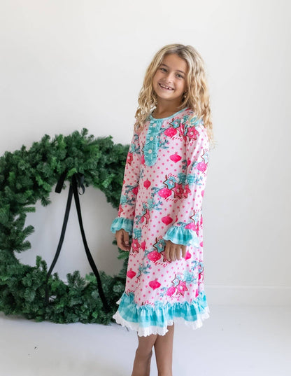 Kids Pink Christmas Holiday Cookie Ruffle Lounge Play Gown - Tiny Tots Boutique