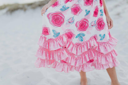 Kids Pink Rose 3 Ruffle Spring Summer Easter Dress - Tiny Tots Boutique