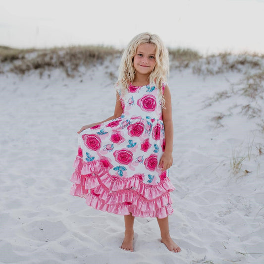 Kids Pink Rose 3 Ruffle Spring Summer Easter Dress - Tiny Tots Boutique