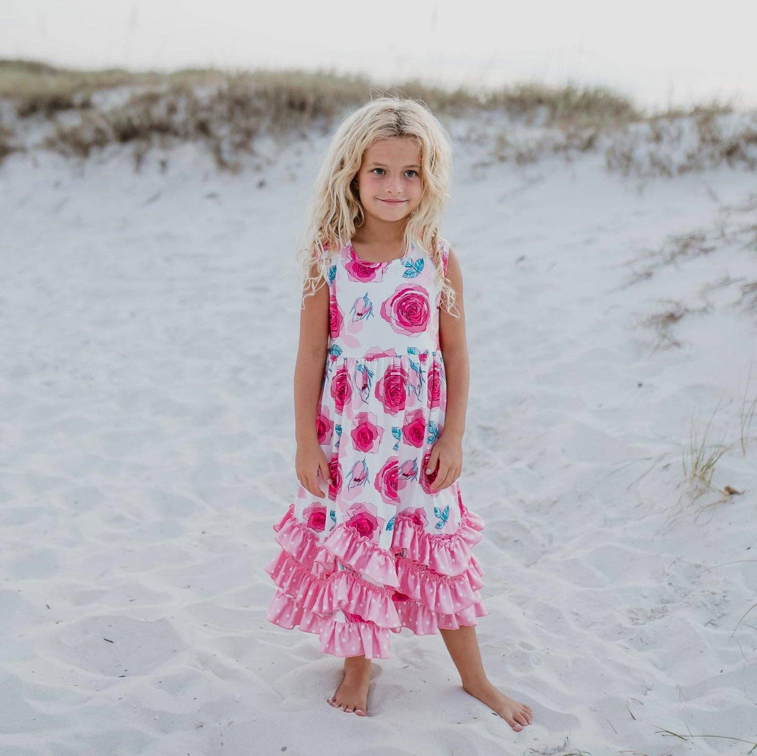 Kids Pink Rose 3 Ruffle Spring Summer Easter Dress - Tiny Tots Boutique