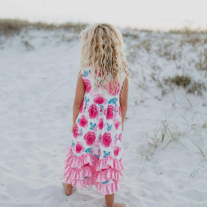 Kids Pink Rose 3 Ruffle Spring Summer Easter Dress - Tiny Tots Boutique